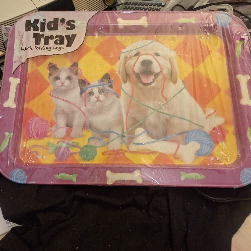 Vintage Kids Childs Lap Tray Dog And Cats w/ Folding Legs NIP Kay Home Products